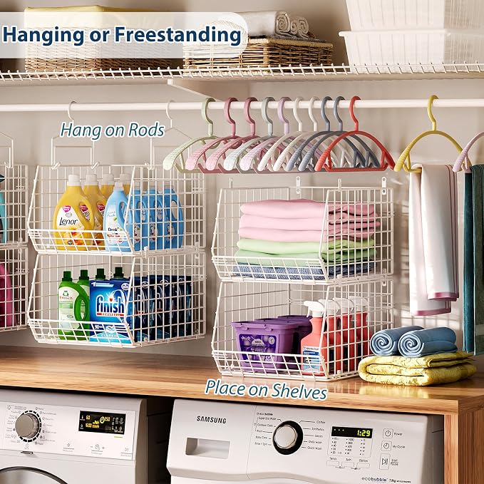 6 Tier Extended Depth Hanging Closet Organizer, Closet Storage Hanging Shelves with Hanging Hooks for Clothes Sweaters Towels Handbags, Stackable Metal Mesh Bins For Closet, Laundry, Bathroom, Dorm - Image 2