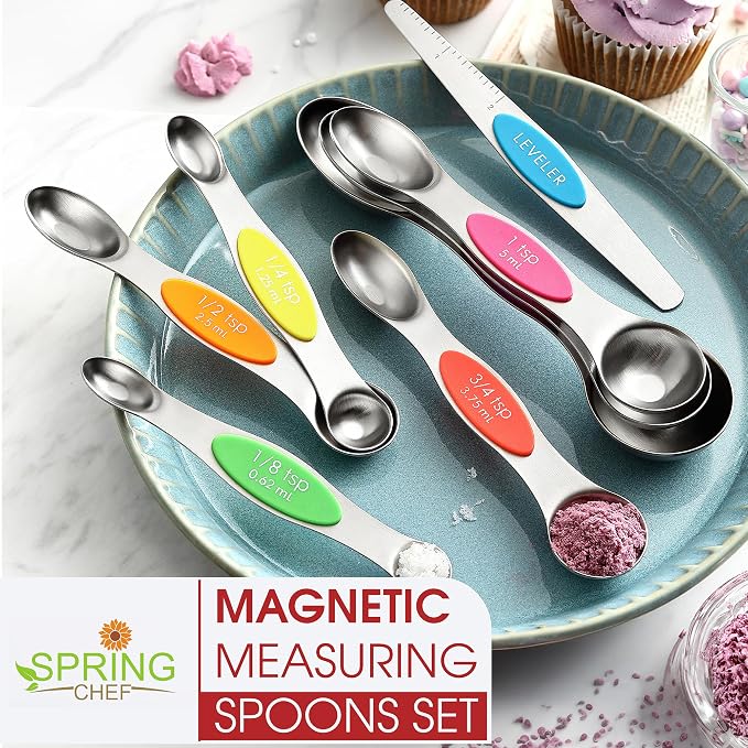 Spring Chef Stainless Steel Magnetic Measuring Spoons Set of 8, Neon | Dual Sided Metal Teaspoon & Tablespoon Measuring Spoons w/ Leveler for Dry & Liquid Ingredients, Fits in Kitchen Spice Jars - Image 7