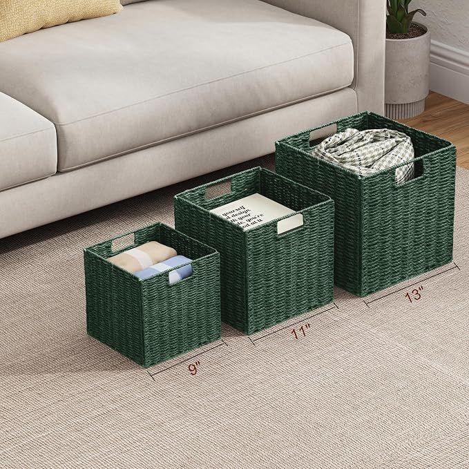 Wicker Storage Basket, Set of 2 Hand-Woven Paper Rope Wicker Basket, Foldable Cube Storage Bins, 9 inch Square Storage Baskets for Organizing Shelves & Decor, Green (9″×9″×9″) - Image 5