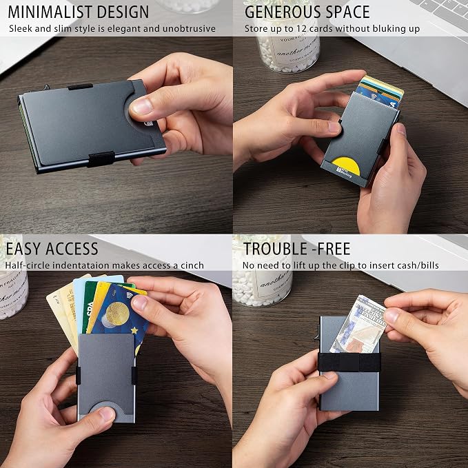 Slim Card Holder Wallet for Men, Minimalist RFID Blocking Pop Up Wallet, Smart Metal Business Card Case Holds 12 Cards, Money Clip, Front Pocket Wallet, Gifts for Men - Image 4