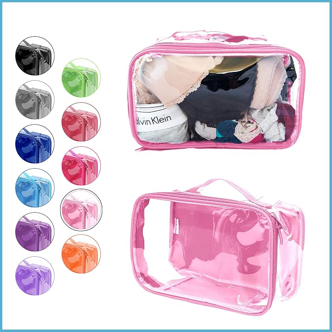 Small Clear Travel Packing Cube/See Through PVC Plastic Pouch for Carry On Suitcase, Backpack or Diaper Bag/Transparent Multipurpose Accessories, Makeup & Underwear Organizer w/Handle (Rose) - Image 2