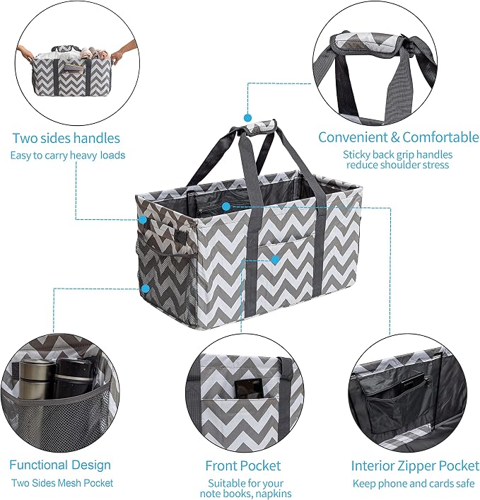 Extra Large Utility Tote Bag, Reusable Grocery Bags Foldable,Upgraded Metal Frame, With Sturdy Handles Reinforced Bottom Heavy Duty Oxford Fabric Moving Shopping Bags, Grey and White Ripples - Image 6