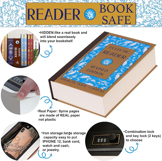 Eclectic Reader Book Safe with Real Pages, Vintage Secret Compartment Items Storage Box with Classic Key Lock, Decorative Hidden Stash Box, Hardcover Safe Box for Money, 9.3"x6.0"x2.3" - Image 4
