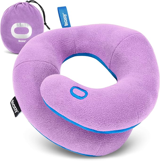 BCOZZY Kids Chin Supporting Travel Pillow for Ages 8–12- Patented Soft Neck Pillow for Head and Chin Support in Car Seat and Airplane. Comfortable Travel Essential. Medium Size, Bag, Light Purple by BCOZZY