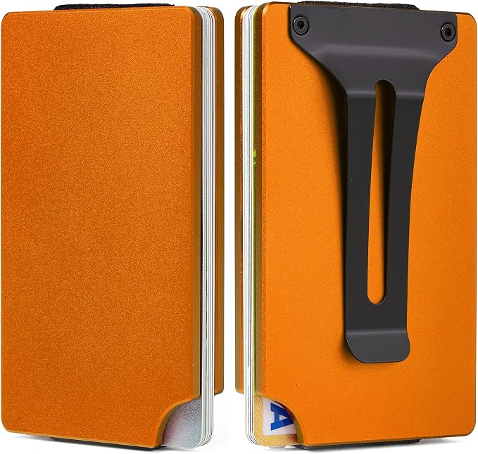 Minimalist Wallet for Men, Slim Metal RFID Blocking Wallet Credit Card Holder Money Clip & Cash Strap, Scratch-Resistant Holds 15 Cards,Ideal Gift for Men | Matte Orange by Unknown