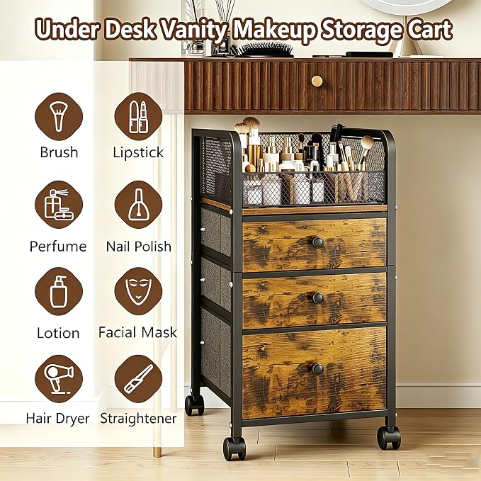 Rolling Makeup Vanity Cart Makeup Organizer with Drawers | Vanity Cart Bathroom Storage Cart Cosmetic Vanity Display Cases Holder for Nail Polish Brush Hair Tool - Image 3