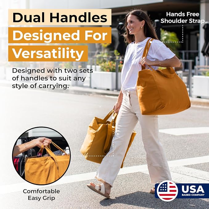 VeraMia Canvas Grocery Bag 3pc XL Set with Real Pockets, Long Shoulder Strap and Short Handle. Heavy Duty, Foldable, Washable - Image 3