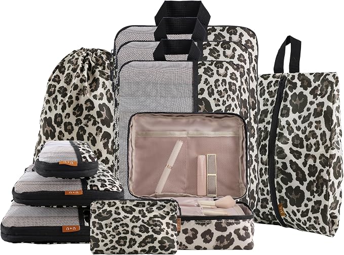 U+U 10 Set Compression Packing Cubes, Travel Organizers (Leopard) | Space-Saving & Complete Travel Set by UU