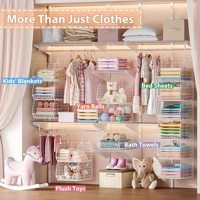 6 Tier Extended Depth Hanging Closet Organizer, Closet Storage Hanging Shelves with Hanging Hooks for Clothes Sweaters Towels Handbags, Stackable Metal Mesh Bins For Closet, Laundry, Bathroom, Dorm - Image 7