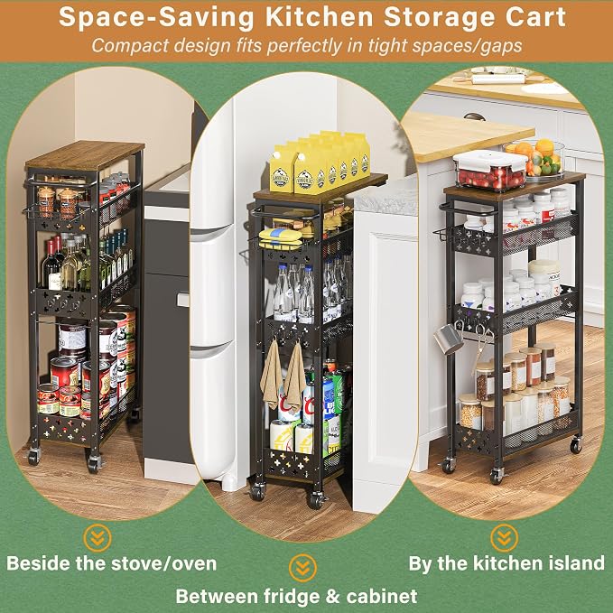 OKZEST Slim Laundry Room Organization Cart with Detergent Dispenser Holder | Holds tall bottles, Upgraded metal hub casters, 4-Tier space-saving narrow rolling cart, Premium wood & metal mesh shelves - Image 6