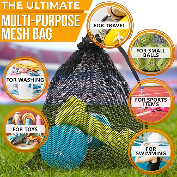 5 Pcs Small Mesh Bag Bulk, 11.8" x 7.48", Breathable Nylon (Black) | Reusable Small Mesh Bags Drawstring for Tennis, Golf, Travel, Beach, Sports Equipment, and Outdoor Activities; Tear-Resistant - Image 5