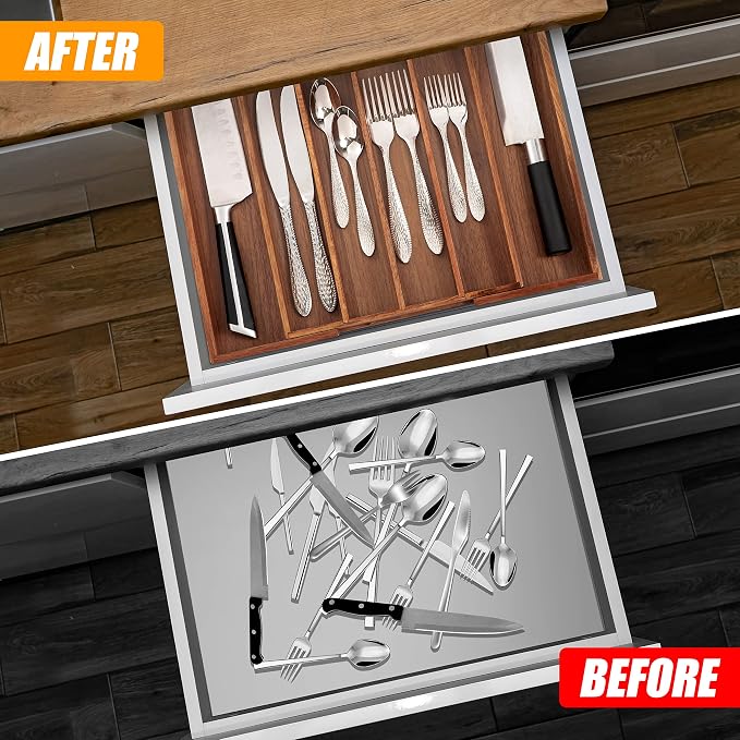 Bellsal Acacia Silverware Organizer Kitchen Drawer Organizer Expandable Bamboo Utensil Holder Cutlery Tray for Kitchen Utensil and Flatware Bedroom Office - Image 2