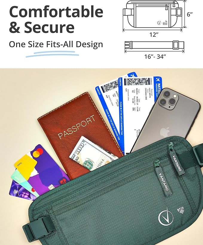 Vantamo Money Belt with RFID For Men & Women, Hidden Passport Holder for Travel, 2 Compartment Travel Fanny Pack for Women Anti Theft - Image 4