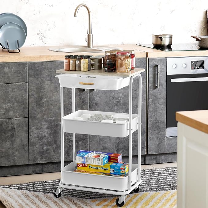Simple Houseware 3-Tier Rolling Utility Cart with Drawer & Wood Top, Maple | Mobile Sofa Side Table, Nightstand, Slim Storage Organizer Trolley for Bedroom, Bathroom, Office & Art Supplies - Image 4