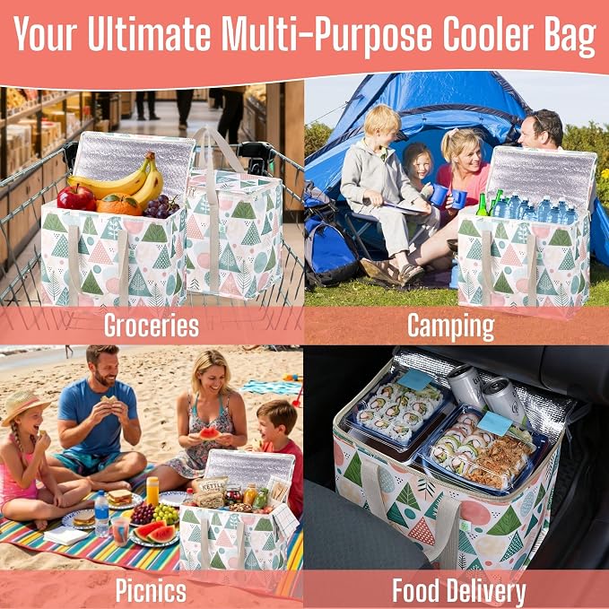 VENO 2 Pack Insulated Cooler Bag for Food Delivery, Reusable Grocery Bag | Heavy Duty Large Collapsible Cooler Shopping Tote w/ Zippers, Foldable, Stands Upright for Camping (Pastel Forest, 2 Pack) - Image 5