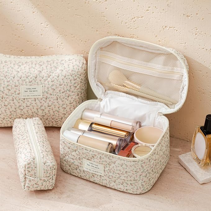 HBselect Quilted Makeup Bag, 3Pcs Cotton Large Travel Makeup Bags Organizer | Cute Floral Make up Bag Cosmetic Bag Toiletry Bag for Women Girls, Makeup Pouch for Skincare, Brushes & Travel Essentials - Image 2