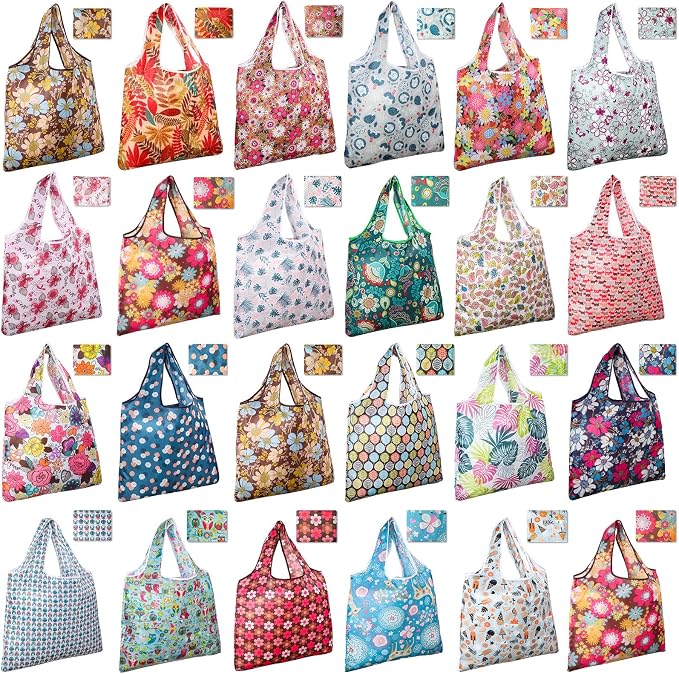 Eccliy 24 Pieces Reusable Grocery Bags Polyester Shopping Bags for Groceries Multi Colors Reusable Foldable Shopping Tote(Flower Style) by Eccliy