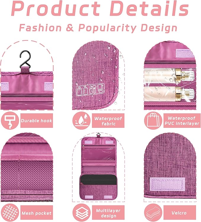 Toiletry Bag Travel Bag with Hanging Hook for Women and Men,Purple | Waterproof Small Capacity Hanging Multifunctional Makeup Bag for Toiletries, Portable Cosmetic Bag Travel Organizer - Image 3