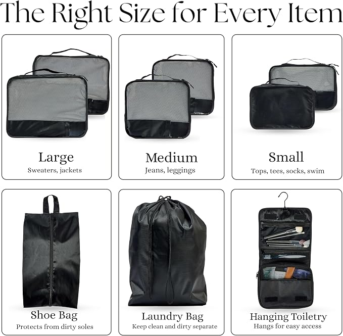 Packing Cubes Set – Cute Packing Cubes for Travel, Luggage Organizer Bags for Suitcase, For Kids & Family, Floral, Neutral & Aesthetic Travel Organizer Set -Black - Image 3