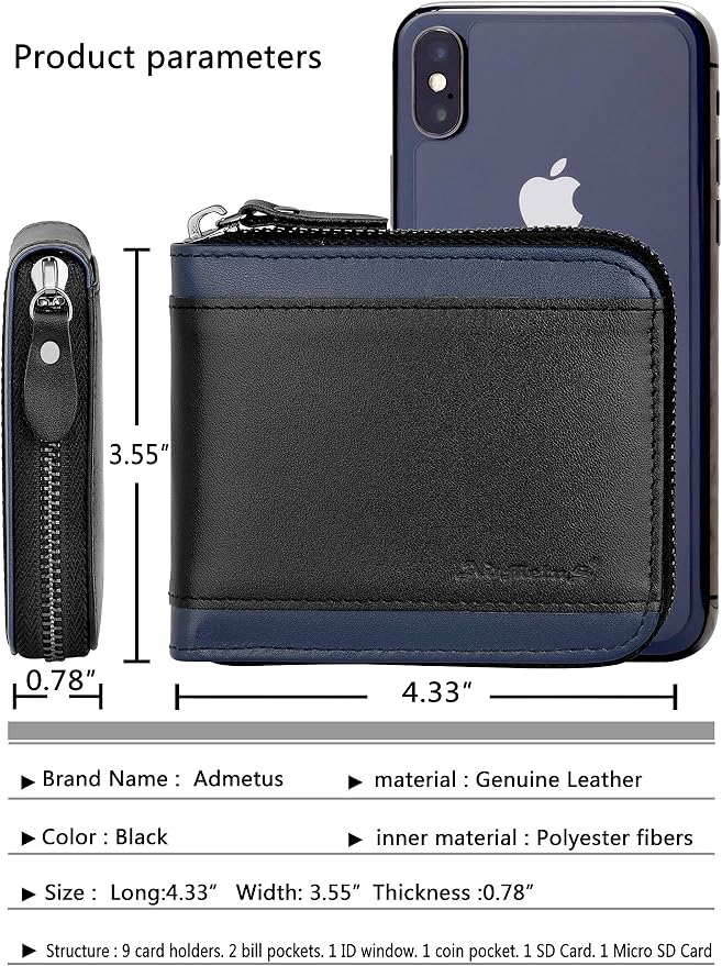 Admetus Mens RFID Blocking Wallets Zipper Leather Wallet for Men Bifold RFID Card Holder - Image 5