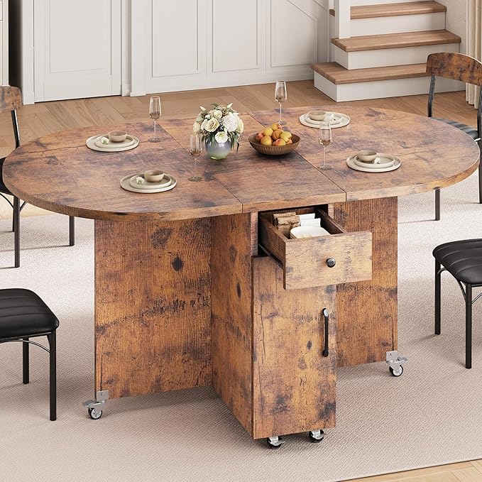 Jocoevol Round Folding Dining Table for 4, Space Saving Drop Leaf Kitchen Table with Storage Drawer, 6 Wheels Oval Gateleg Foldable Dining Table for Small Spaces(Vintage 47 * 23.6 * 30) - Image 5
