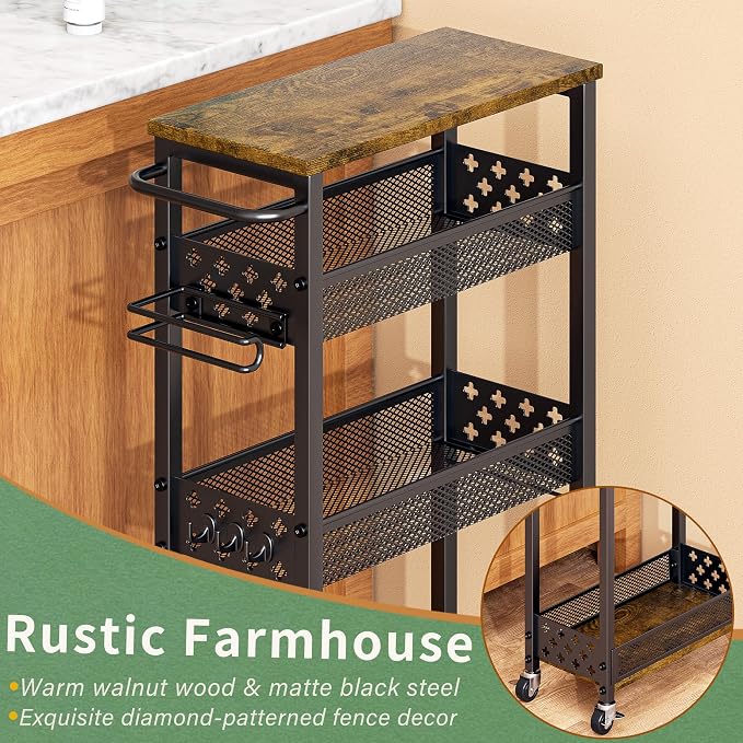 OKZEST Slim Bathroom Organizers and Storage Cart with Toilet Paper Holder | Upgraded metal hub casters, 4-Tier space-saving narrow rolling cart, Premium wood & metal mesh shelves, Holds tall bottles - Image 9