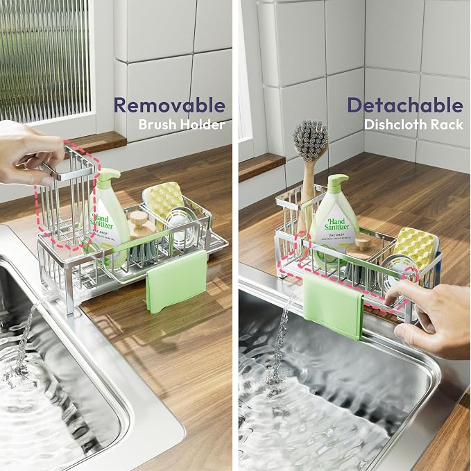 SWTYMIKI Sponge Holder for Kitchen Sink - Sink Caddy with Brush Holder Self-draining Sponge Caddy Organizer with Divider Stainless Steel Kitchen Accessories Storage for Countertop, Silver - Image 3