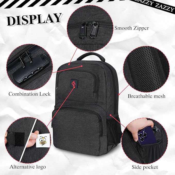 zazzy Smell Proof Backpack with Lock Carbon Fiber Backpack with Combination Lock Odor Proof Bags Travel Backpack for Men & Women - Image 6