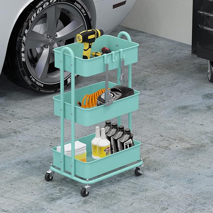 Simple Houseware 3-Tier Heavy Duty Metal Utility Rolling Cart, Turquoise - Image 4