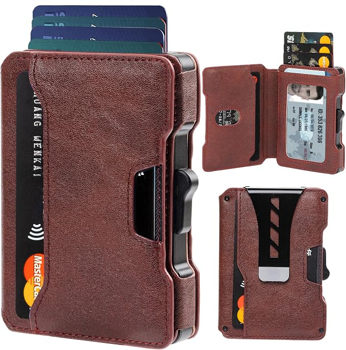 Wallet for Men, RFID Blocking Slim Mens Wallet with Money Clip | Minimalist Pop Up Card Case, ID Window, 9-11 Cards Capacity, Bifold Leather Front Pocket Wallet with Gift Box（Brown Red） by Airzoo