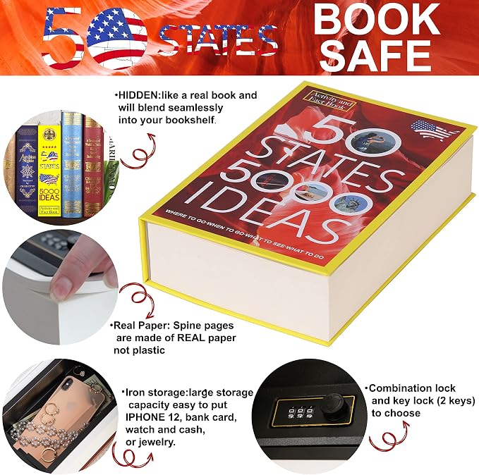 50 States Book Safe with Real Pages, Key Lock Diversion Hidden Safe | Hidden safe box and hollow storage compartment for cash money. Decorative book box stash case for passport savings. - Image 4