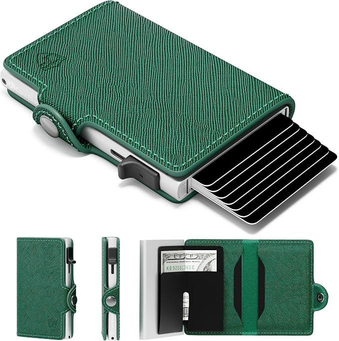 Pop Up Wallet for Women Slim Aluminum Case, Saffiano Green Bag | Secure RFID Wallet Stores Essentials with Easy Organization - Credit Card Holder Supports Daily Use & Travel Needs by ConcealPlus