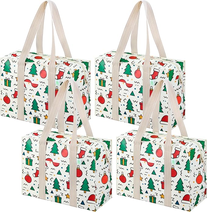 VENO 4 Pack Utility Tote Reusable Grocery Bags with Zipper & Hard Bottom | Heavy Duty Foldable Water-Resistant Shopping Bags for Summer Beach, Pool, Picnic & Travel Carry-on (Jingle Mix, 4 Pack) by Veno
