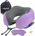 napfun Neck Pillow for Travel with Travel Pouch, Sleep Mask & Earplugs, Memory Foam Airplane Pillow for Headrest Sleep with Eyeshades, Plane Essentials with Eye Blindfold, Light Purple Striped Kit by NAPFUN