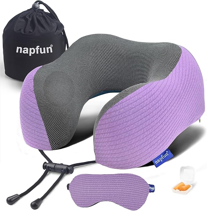 napfun Neck Pillow for Travel with Travel Pouch, Sleep Mask & Earplugs, Memory Foam Airplane Pillow for Headrest Sleep with Eyeshades, Plane Essentials with Eye Blindfold, Light Purple Striped Kit by NAPFUN