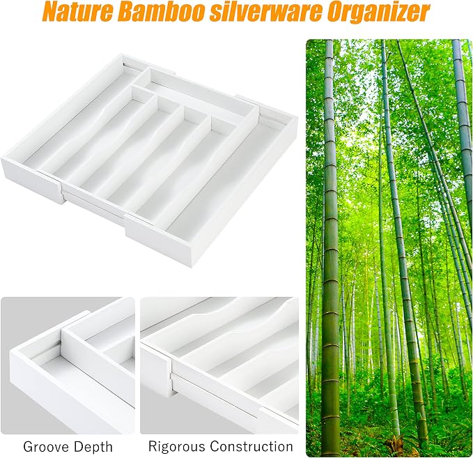 Bellsal White Silverware Organizer Kitchen Drawer Organizer Expandable Bamboo Utensil Holder Cutlery Tray for Kitchen Utensil and Flatware Bedroom Office - Image 6