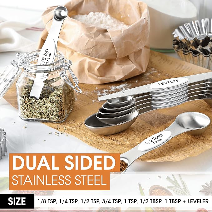 Spring Chef Stainless Steel 8 Magnetic Measuring Spoons for Kitchen, White | Dual Sided Metal Teaspoon & Tablespoon Measuring Spoons w/ Leveler for Dry & Liquid Ingredients, Nesting, Fits in Spice Jars - Image 4