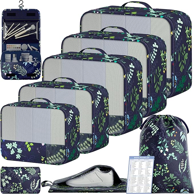 BAGAIL 9 Set Packing Cubes with Packing List Luggage Packing Organizers for Travel Accessories (Navy leaf) by BAGAIL