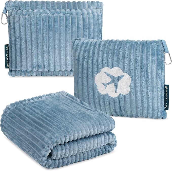 PAVILIA Travel Blanket Pillow, Soft Ribbed Fleece Airplane Blanket, Blue | 65x40, Compact Packable Plane Throw with Bag, Luggage Strap and Back Pocket, Cozy Flight Essentials Travelers Camping Gift by PAVILIA