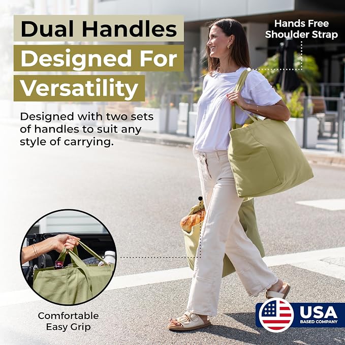 VeraMia Canvas Grocery Bag 3pc XL Set with Real Pockets, Long Shoulder Strap and Short Handle. Heavy Duty, Foldable, Washable - Image 3