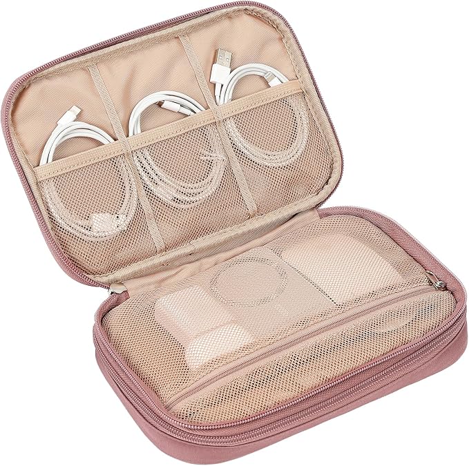 NISHEL Electronics Travel Organizer Cord Case, Charger Cable Tech Bag | Double-layer bag keeps chargers, cables, flash drive, and small tech essentials organized for trip, Large, Rose-wood - Image 5