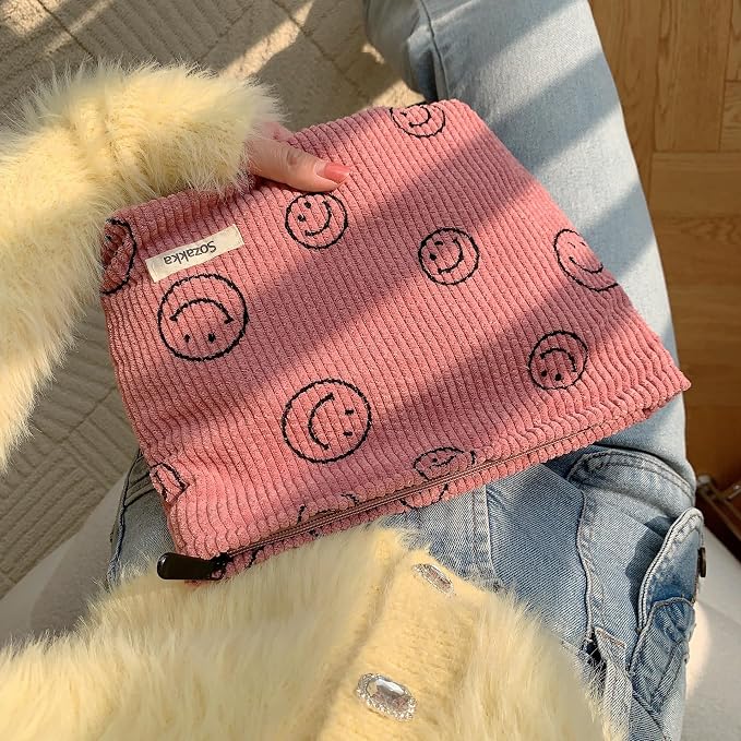 Cosmetic Bags for Women - Corduroy Cosmetic Bag Aesthetic Women Handbags Purses Smile Dots Makeup Organizer Storage Makeup Bag Girls Case Bags (A-Pink) - Image 2