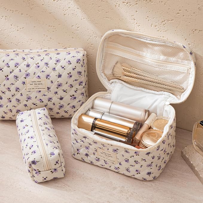 HBselect Quilted Makeup Bag, 3Pcs Cotton Large Travel Makeup Bags Organizer | Cute Floral Make up Bag Cosmetic Bag Toiletry Bag for Women Girls, Makeup Pouch for Skincare, Brushes & Travel Essentials - Image 2