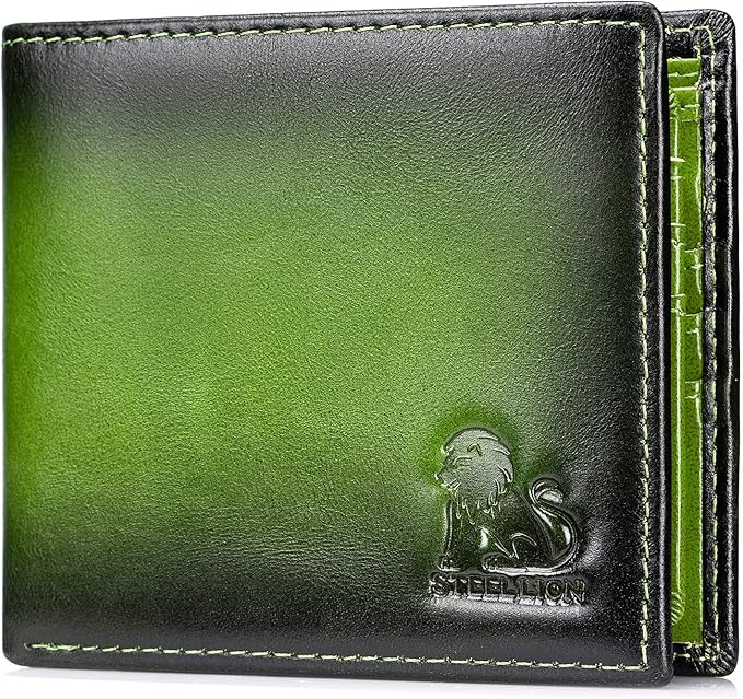 Men's Cowhide Leather RFID Wallet, Slim Bifold (Green) | 2 Clear ID Windows, 10 Card Slots, Zipper Coin Pocket, Gradient Finish for Business, Travel, Daily Carry and Gifts by STEELLION