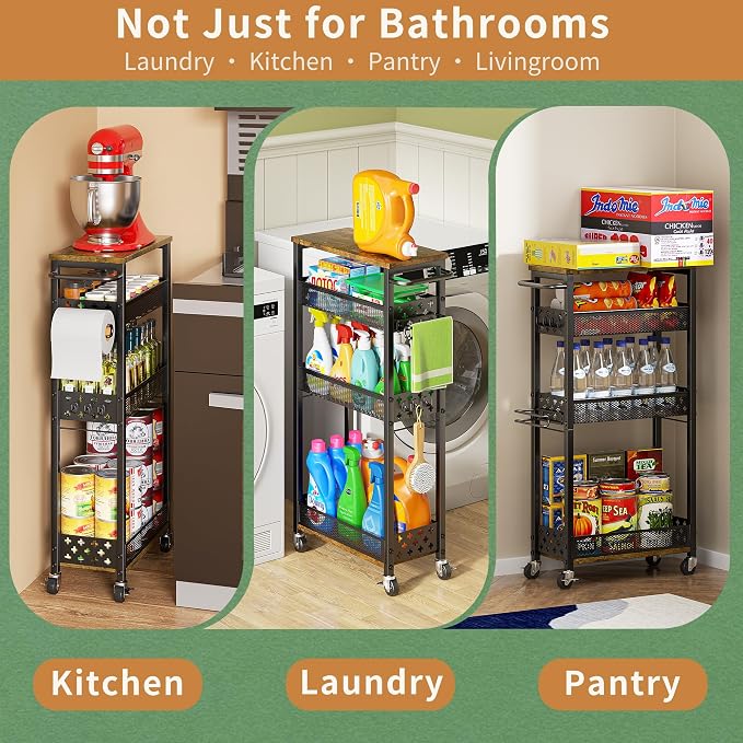 OKZEST Slim Bathroom Organizers and Storage Cart with Toilet Paper Holder | Upgraded metal hub casters, 4-Tier space-saving narrow rolling cart, Premium wood & metal mesh shelves, Holds tall bottles - Image 6