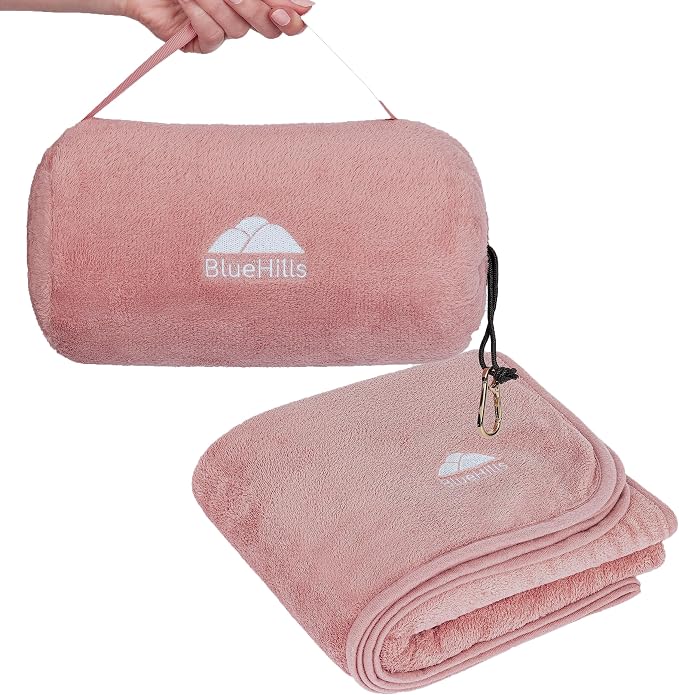 BlueHills Premium Soft Rolled Travel Blanket Airplane Long Flights - Pink | 70 X 48 Inches, Compact In A Bag, Long Flight Comfort, Backpack Carry, Ultra Soft, Large Size Car Blanket, Airplane Essential by BlueHills