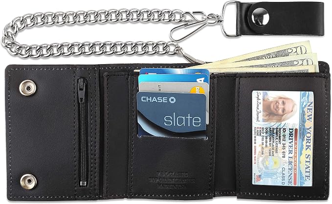RFID Blocking Men's Tri-fold Vintage Biker Cowhide Leather Steel Chain Wallet,Snap closure, Made In USA,tc315-40,eagle head,black - Image 2