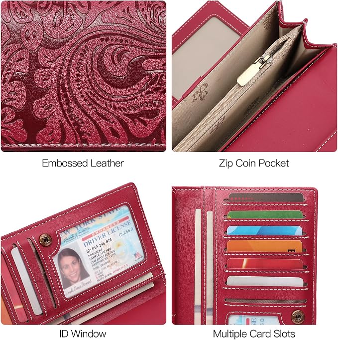 GOIACII Leather Wallets for Women RFID Blocking Western Clutch Red | Embossed Design, Trifold, Large Billfolds, Vintage Flower, Ladies Purses with Zipper Coin Pocket - Image 6