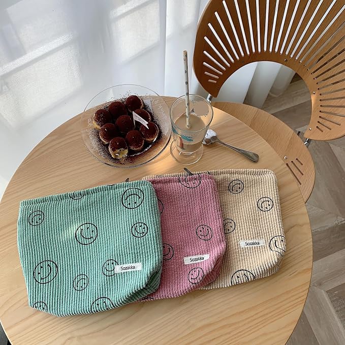 Cosmetic Bags for Women - Corduroy Cosmetic Bag Aesthetic Women Handbags Purses Smile Dots Makeup Organizer Storage Makeup Bag Girls Case Bags (A-Blue) - Image 5