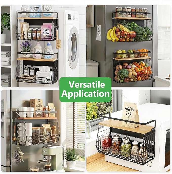 2 Pack Magnetic Spice Storage Rack Organizer for Refrigerator, Magnetic Shelf for Fridge with Wood Lid, Organizer for Kitchen & Laundry, Potato and Onion Storage Bins, Large Container, Strong Magnets - Image 8